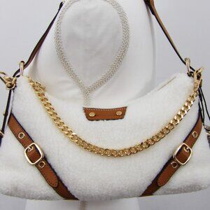 Aldo Faux Shearling Shoulder Bag – White Sherpa, Gold Chain, Carmel Strap